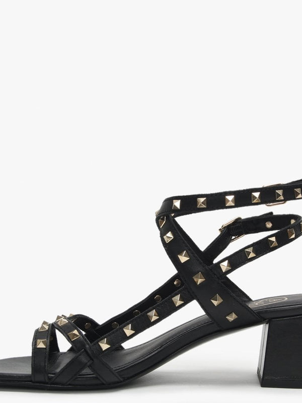 Iman Black Leather Studded Block Heel Sandals