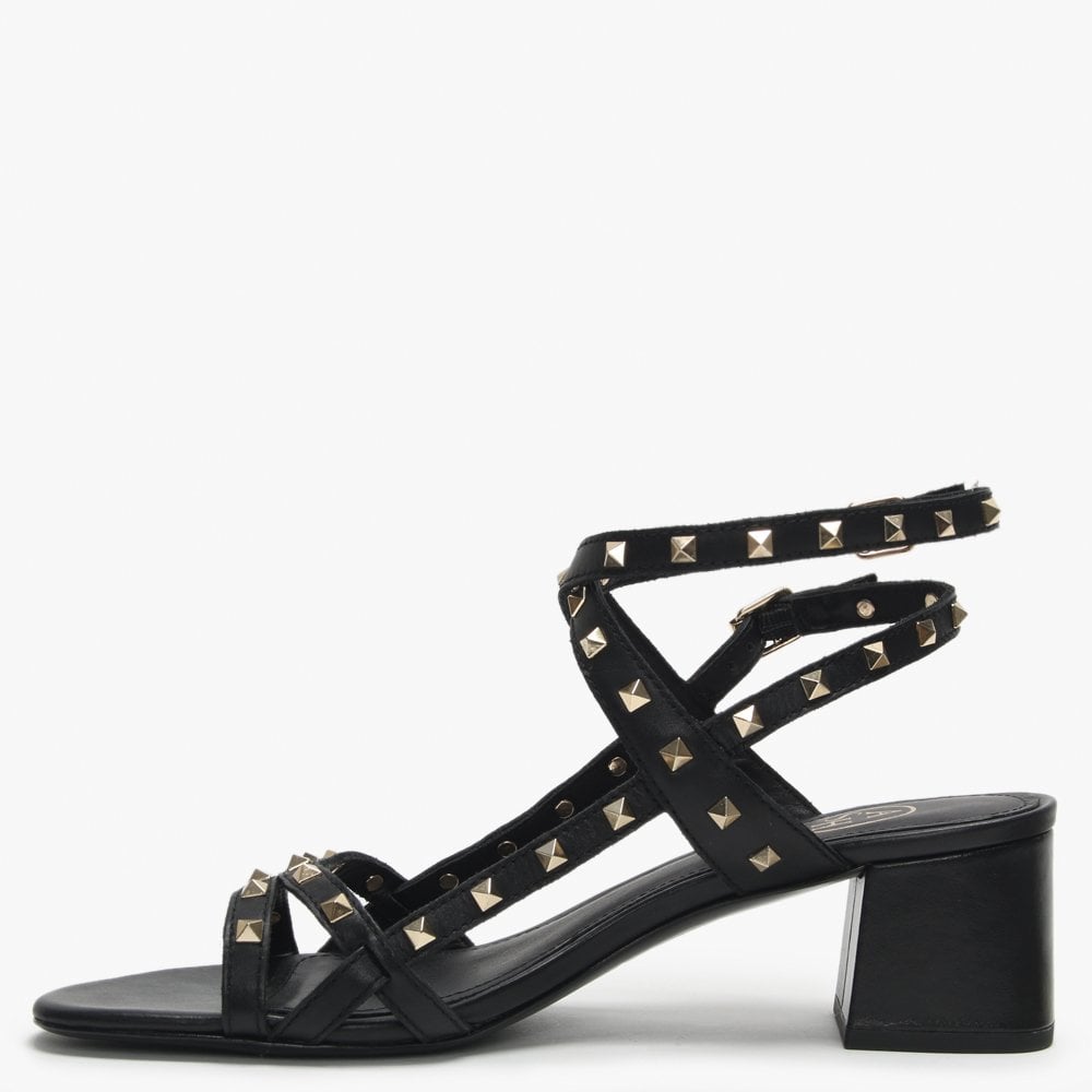 Iman Black Leather Studded Block Heel Sandals