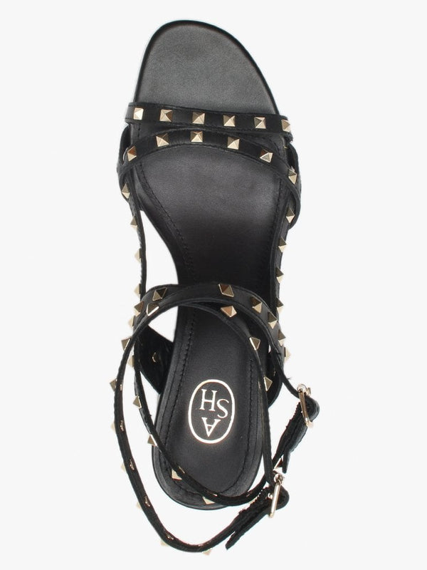 Iman Black Leather Studded Block Heel Sandals