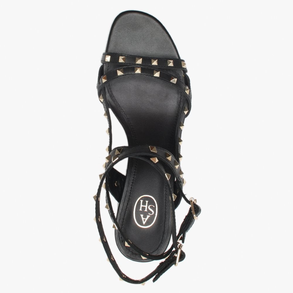 Iman Black Leather Studded Block Heel Sandals
