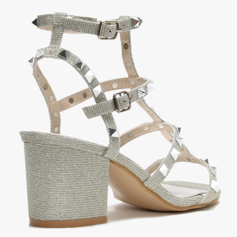 Mima Silver Studded Block Heel Sandals