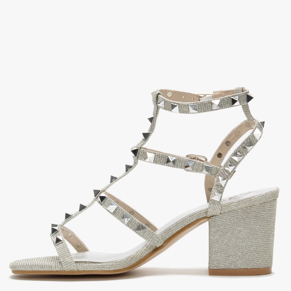 Mima Silver Studded Block Heel Sandals