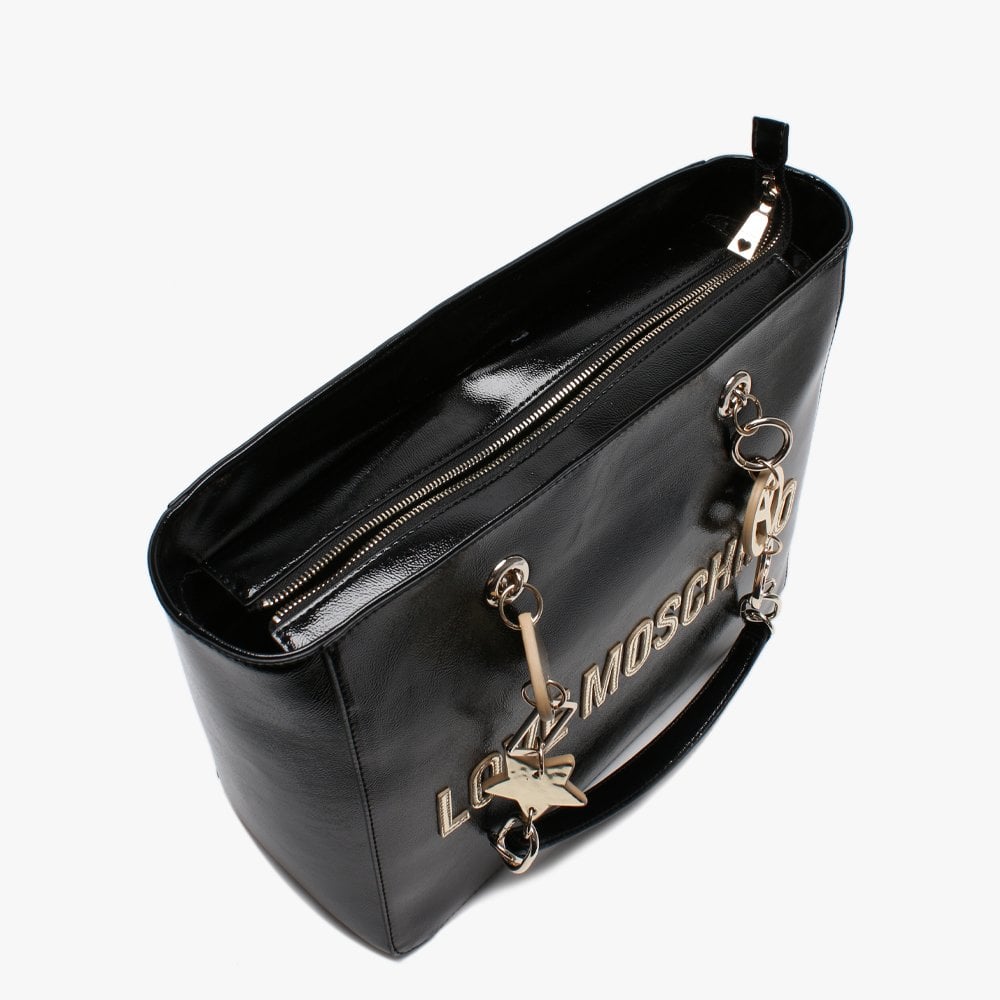 Large Chain Black Patent Shopper Bag