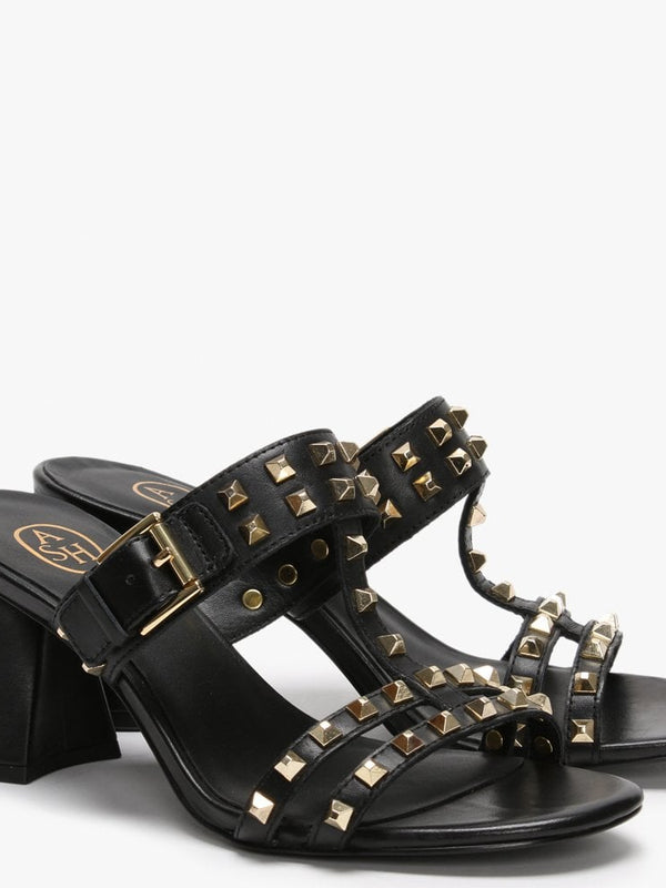 June Black Leather Studded Heeled Mules