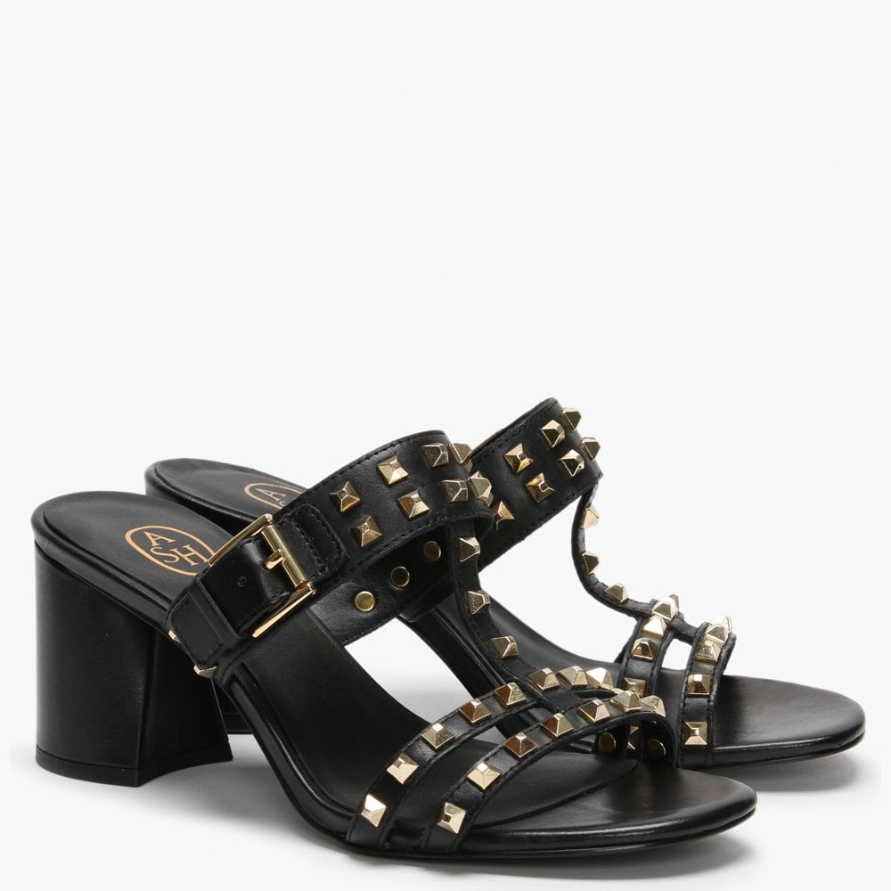 June Black Leather Studded Heeled Mules