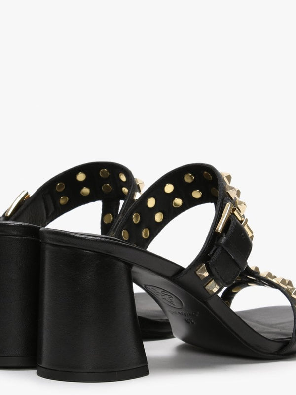 June Black Leather Studded Heeled Mules