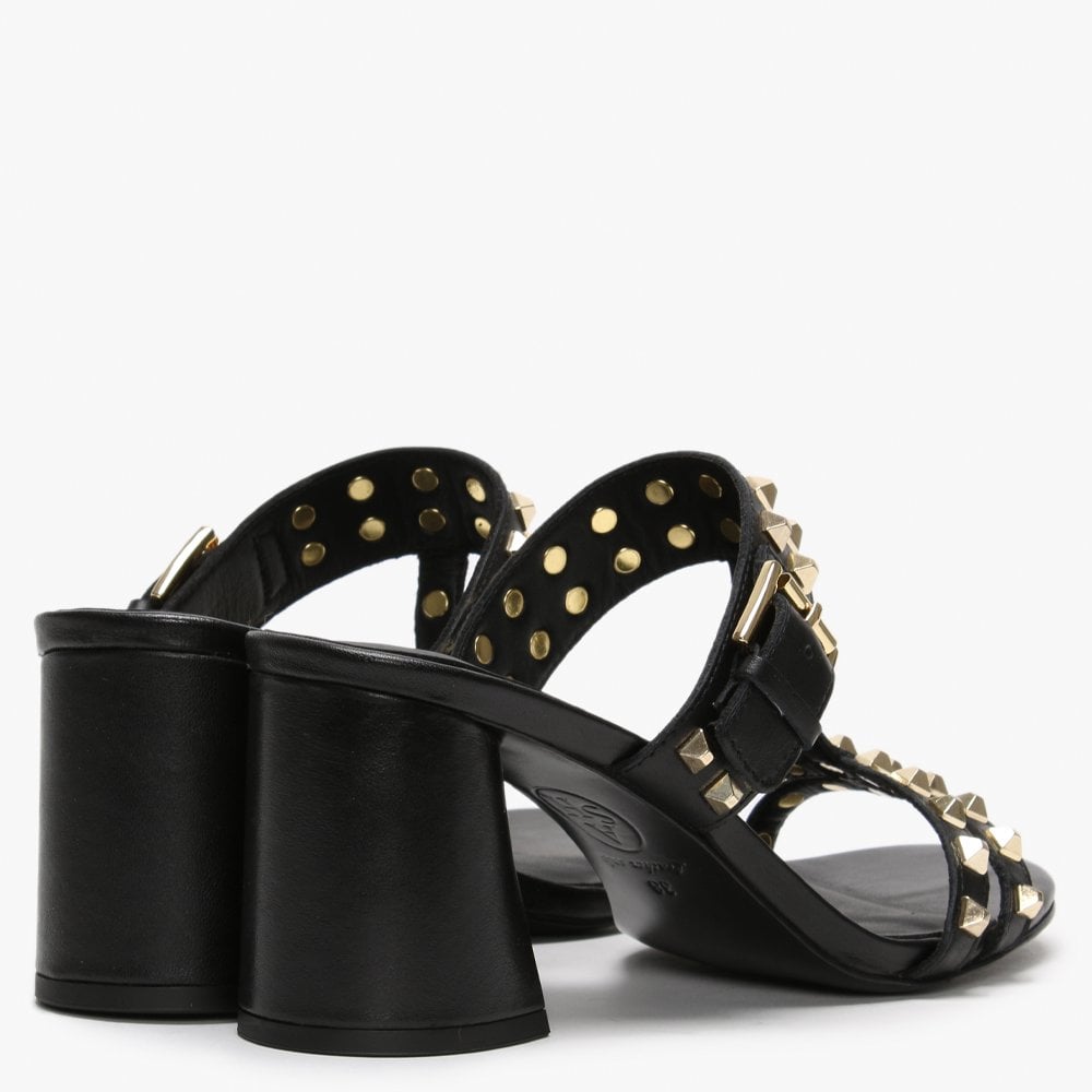 June Black Leather Studded Heeled Mules