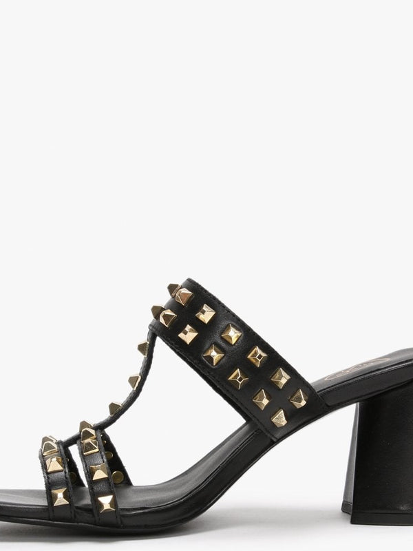 June Black Leather Studded Heeled Mules