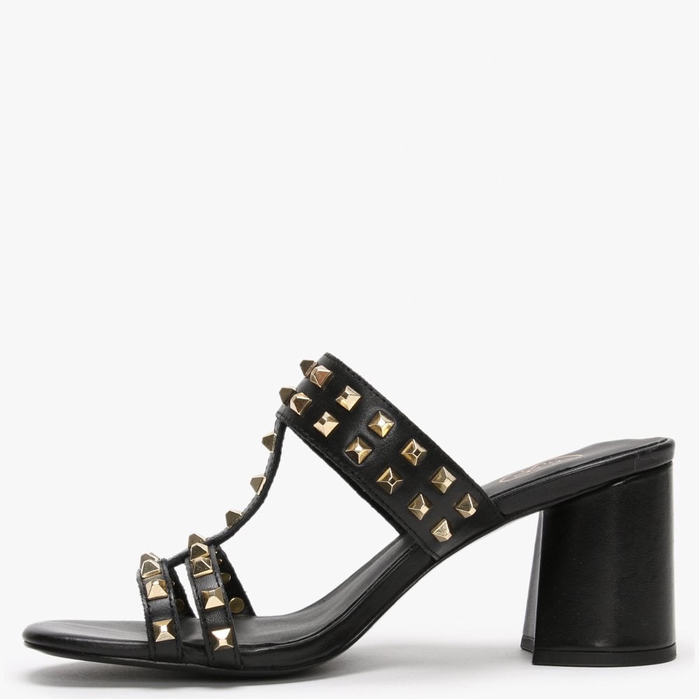 June Black Leather Studded Heeled Mules