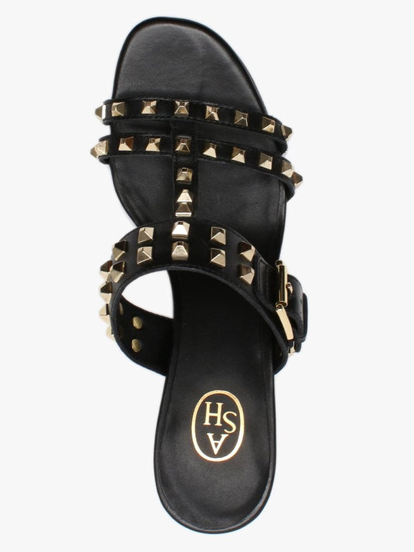 June Black Leather Studded Heeled Mules