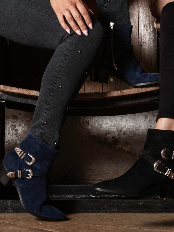 Elder Navy Suede Western Ankle Boots