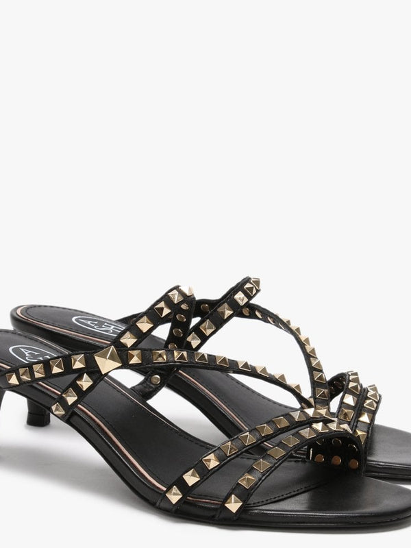 Kate Gold Studs Black Leather Kitten Heel Sandals