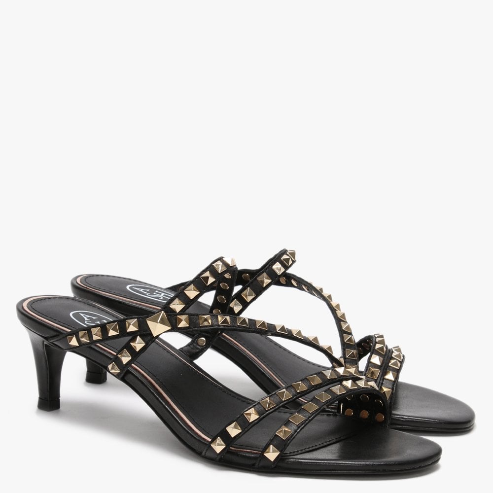 Kate Gold Studs Black Leather Kitten Heel Sandals