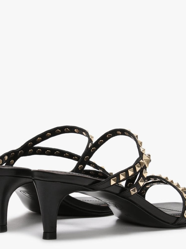 Kate Gold Studs Black Leather Kitten Heel Sandals