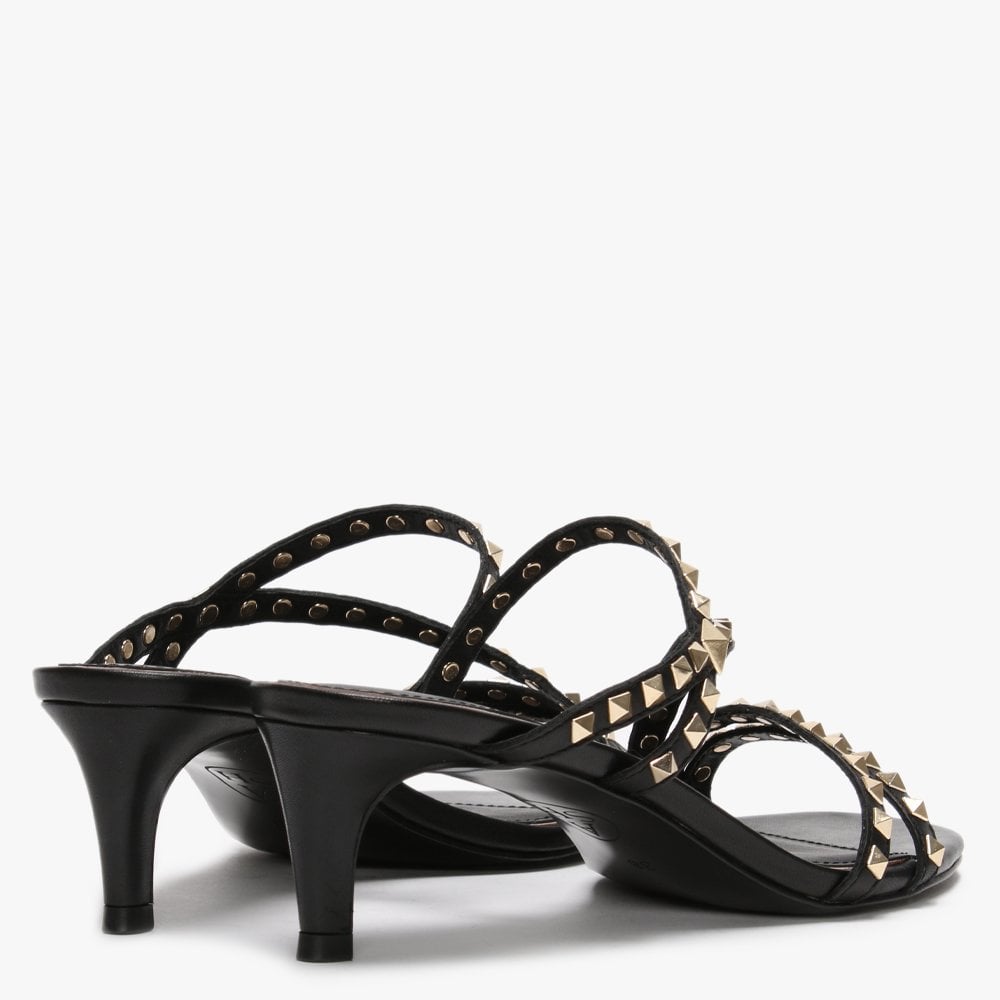 Kate Gold Studs Black Leather Kitten Heel Sandals