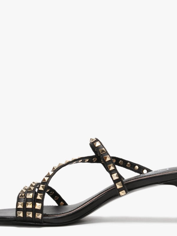Kate Gold Studs Black Leather Kitten Heel Sandals