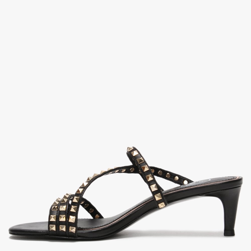 Kate Gold Studs Black Leather Kitten Heel Sandals