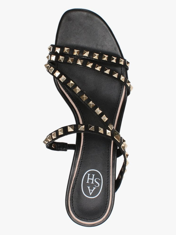 Kate Gold Studs Black Leather Kitten Heel Sandals
