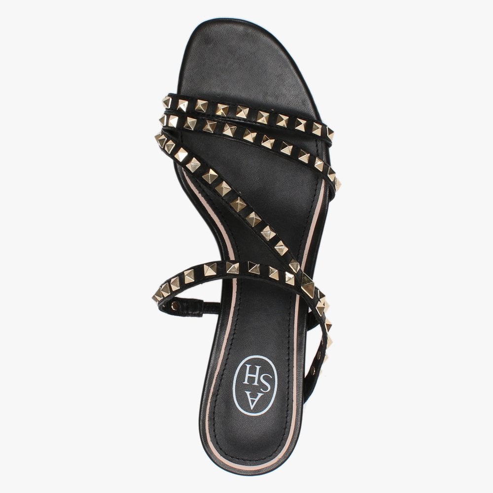 Kate Gold Studs Black Leather Kitten Heel Sandals