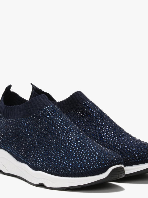 Breana Navy Knitted Embellished Trainers