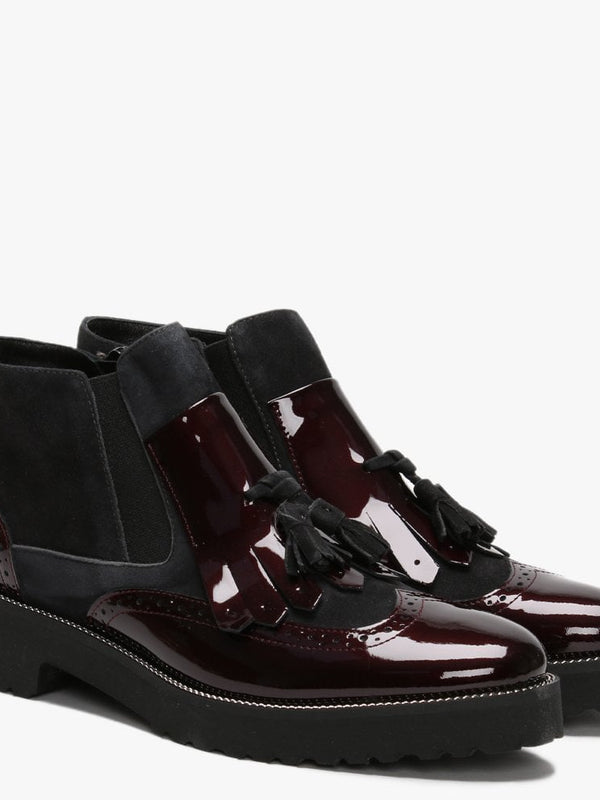 Marydale Burgundy Patent Leather Fringed Ankle Boots