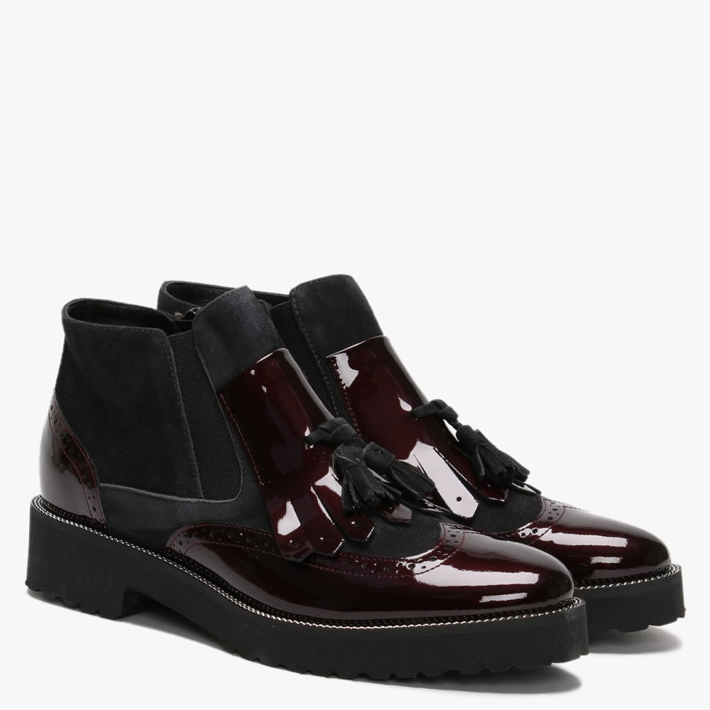Marydale Burgundy Patent Leather Fringed Ankle Boots