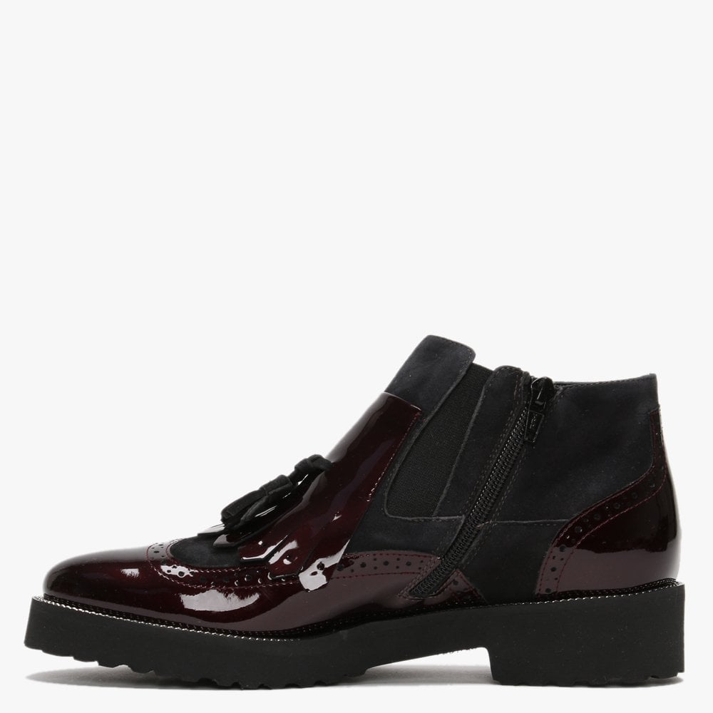 Marydale Burgundy Patent Leather Fringed Ankle Boots
