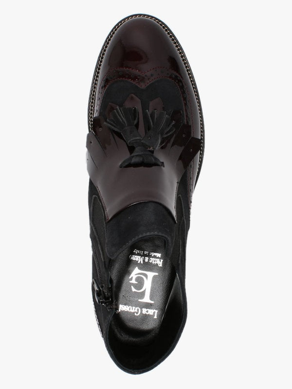 Marydale Burgundy Patent Leather Fringed Ankle Boots