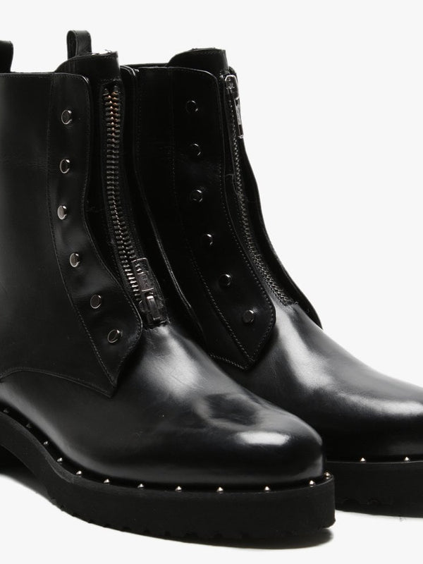 Hawston Black Leather Zip Front Studded Ankle Boots