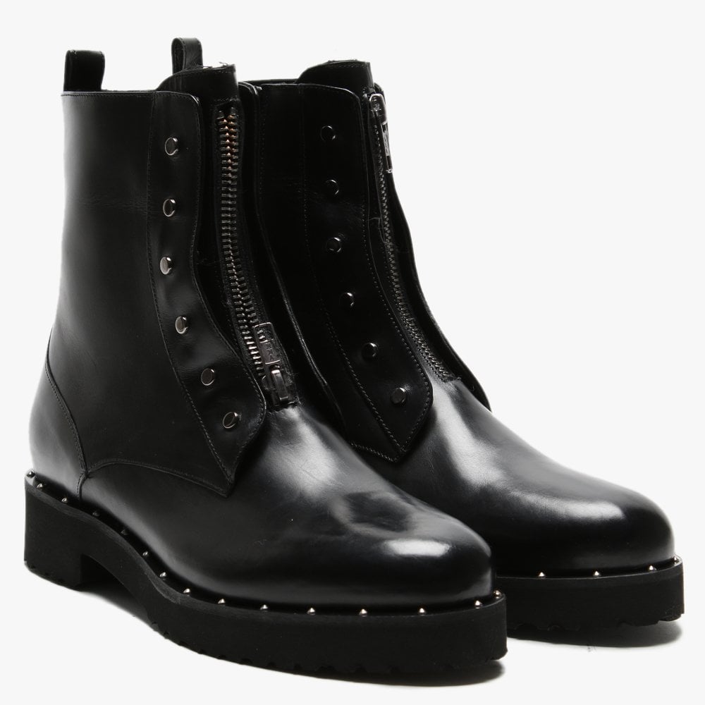 Hawston Black Leather Zip Front Studded Ankle Boots