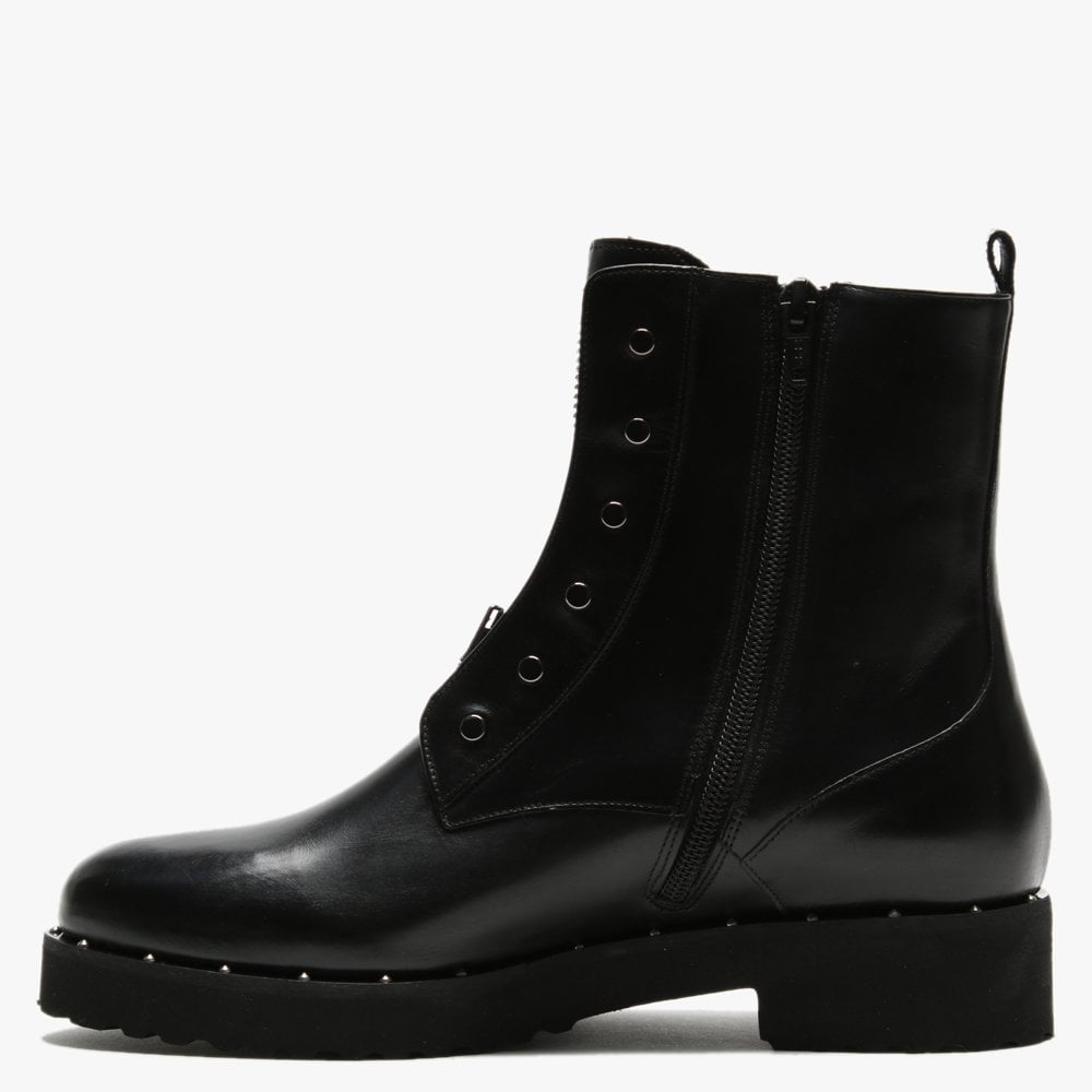 Hawston Black Leather Zip Front Studded Ankle Boots