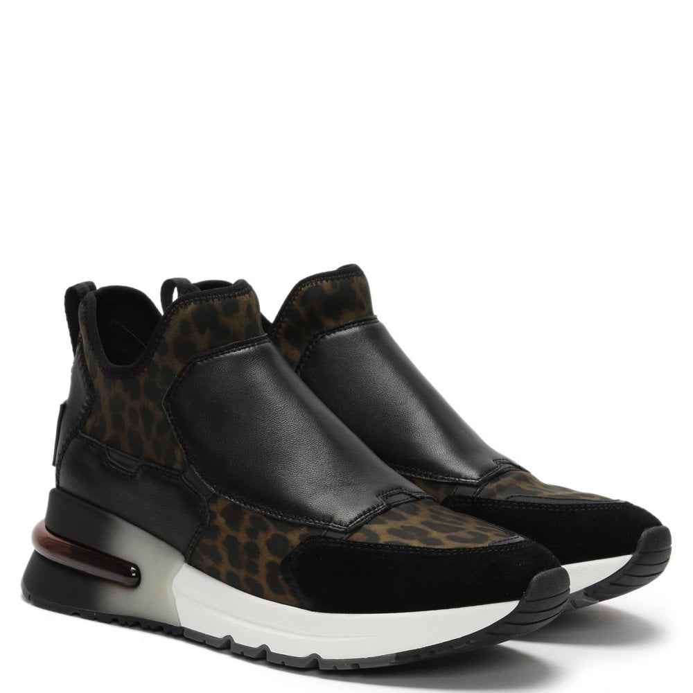 Krystal Neoprene Leopard Print & Black Leather High Top Trainers