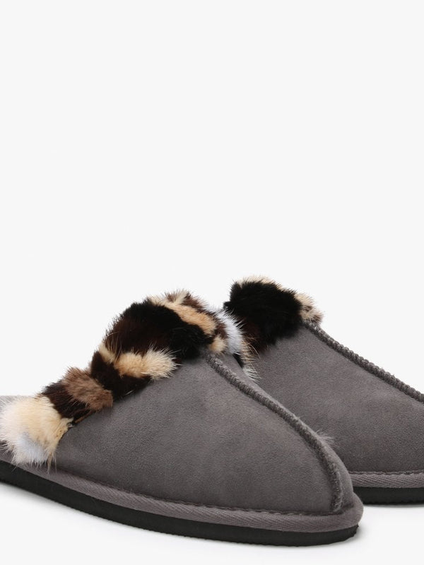 Shutter Grey Fur Trim Shearling Slippers