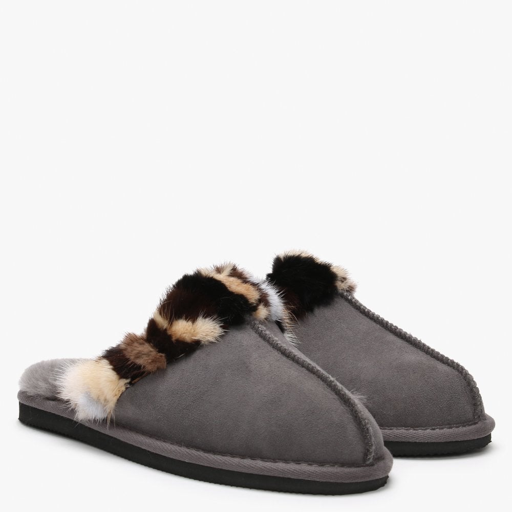 Shutter Grey Fur Trim Shearling Slippers