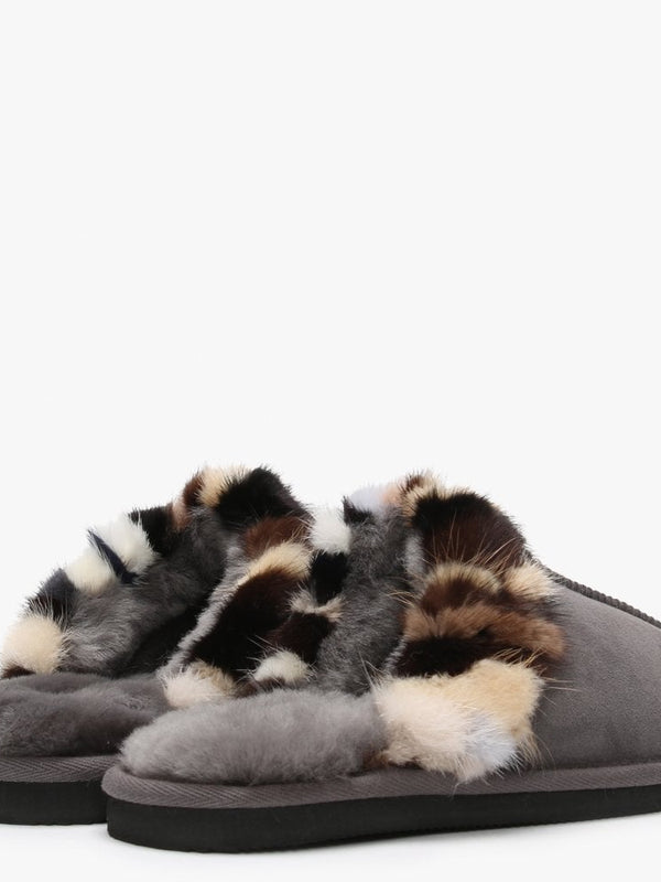 Shutter Grey Fur Trim Shearling Slippers
