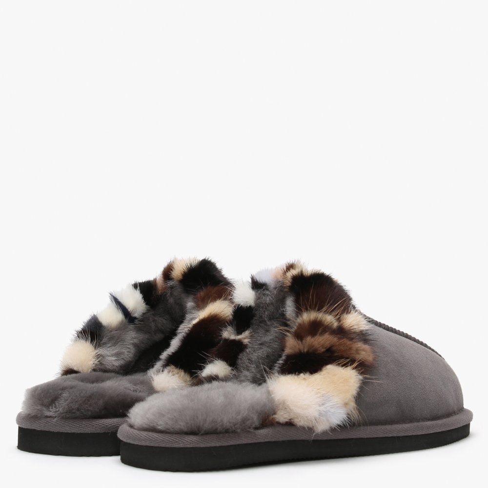Shutter Grey Fur Trim Shearling Slippers