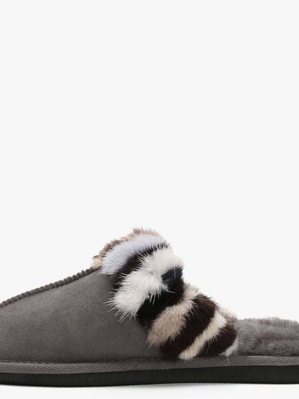 Shutter Grey Fur Trim Shearling Slippers