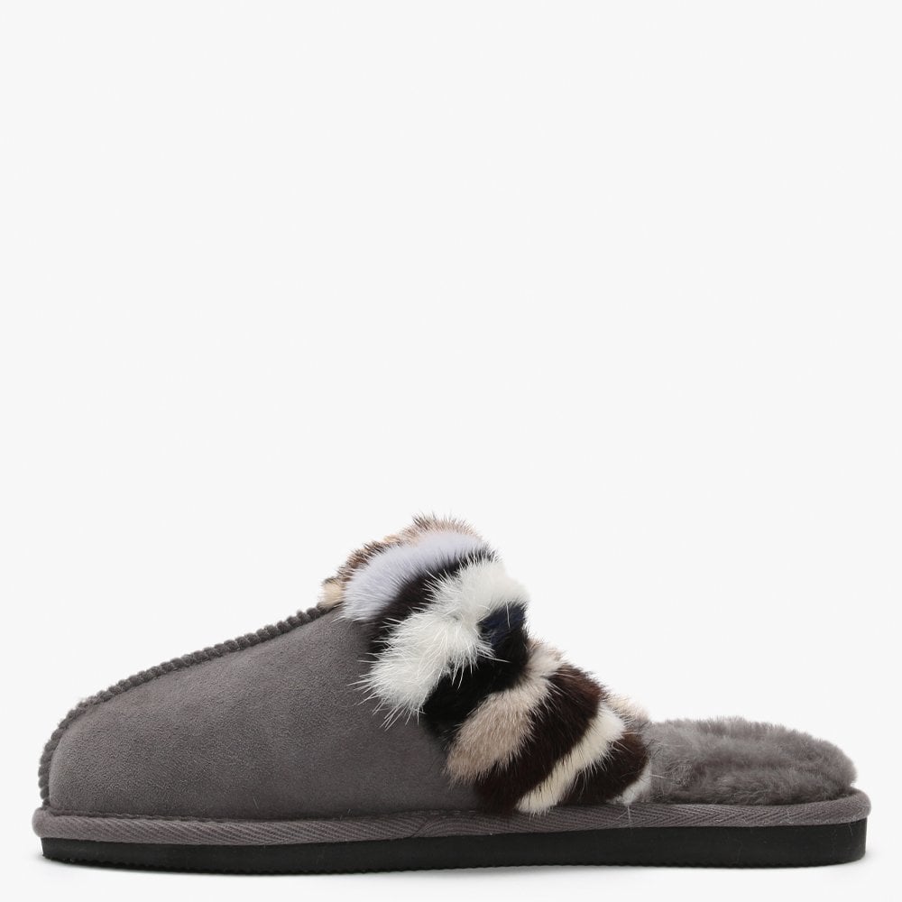 Shutter Grey Fur Trim Shearling Slippers