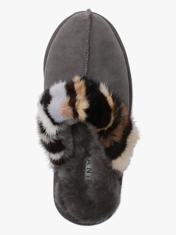 Shutter Grey Fur Trim Shearling Slippers