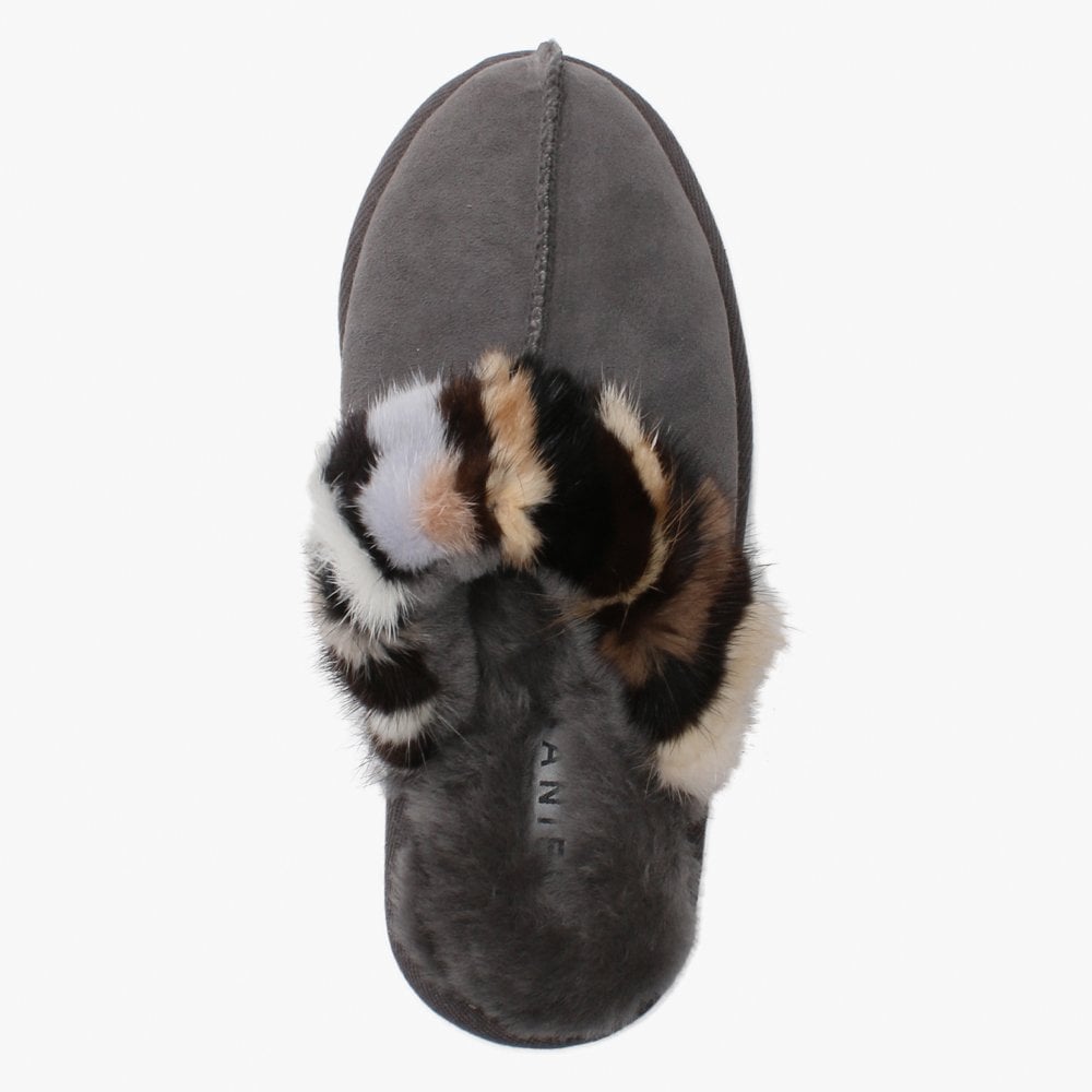 Shutter Grey Fur Trim Shearling Slippers