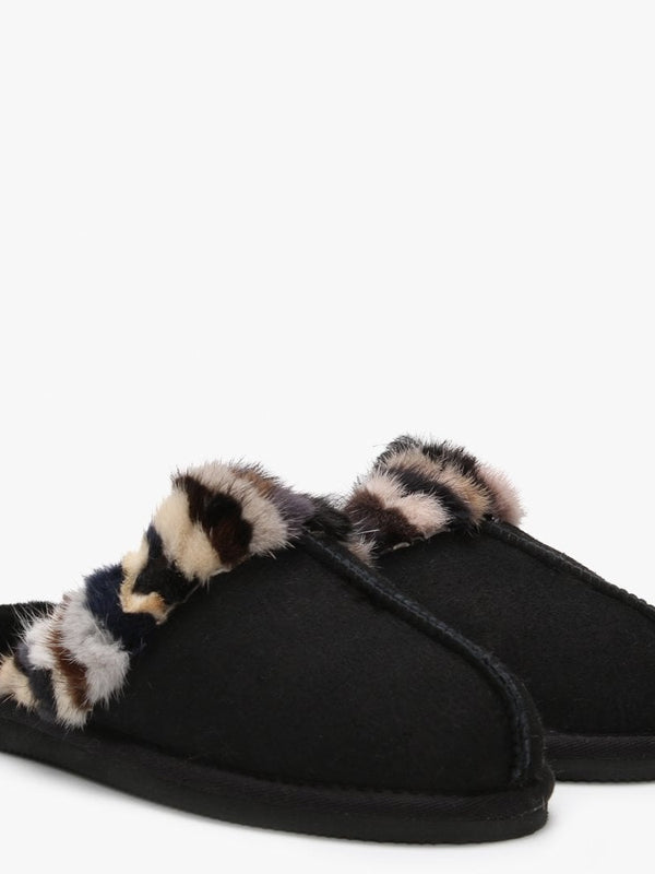 Shutter Black Fur Trim Shearling Slippers