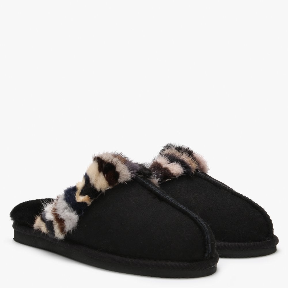 Shutter Black Fur Trim Shearling Slippers
