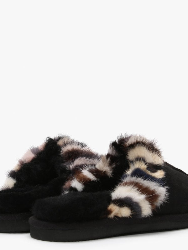 Shutter Black Fur Trim Shearling Slippers