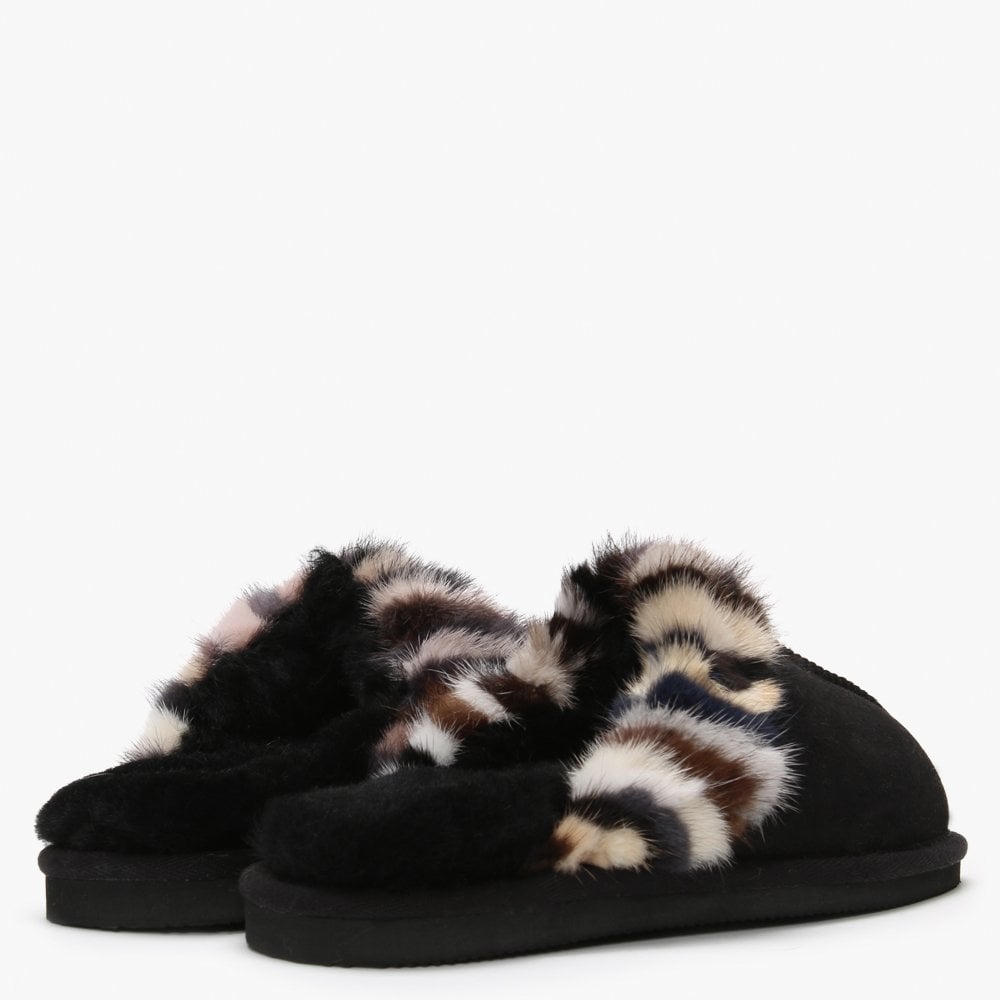 Shutter Black Fur Trim Shearling Slippers