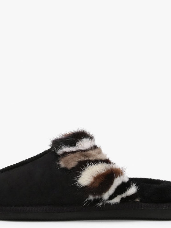 Shutter Black Fur Trim Shearling Slippers