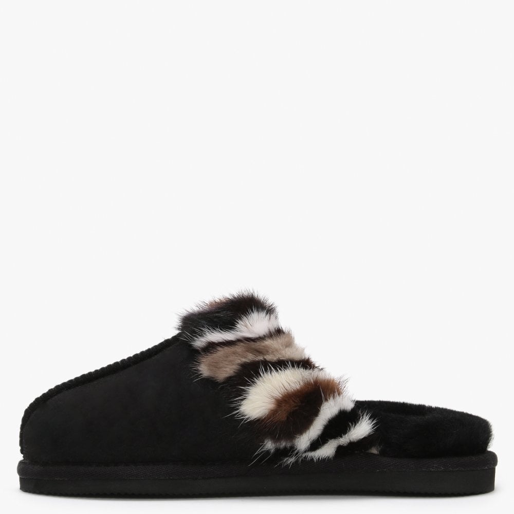 Shutter Black Fur Trim Shearling Slippers