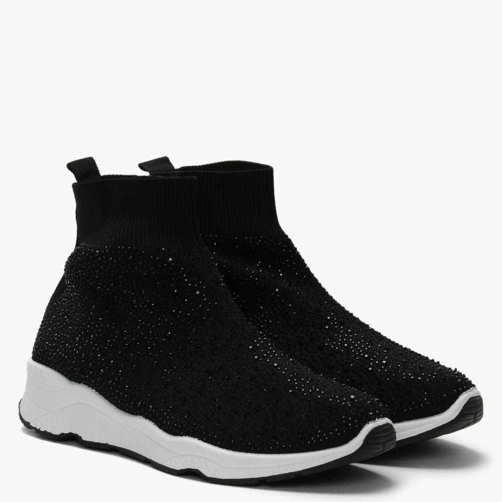 Bree Black Knitted Embellished High Top Trainers
