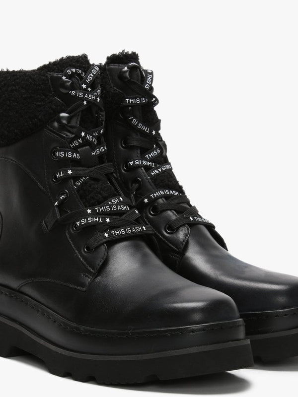 Siberia Black Leather Curly Cuff Chunky Ankle Boots