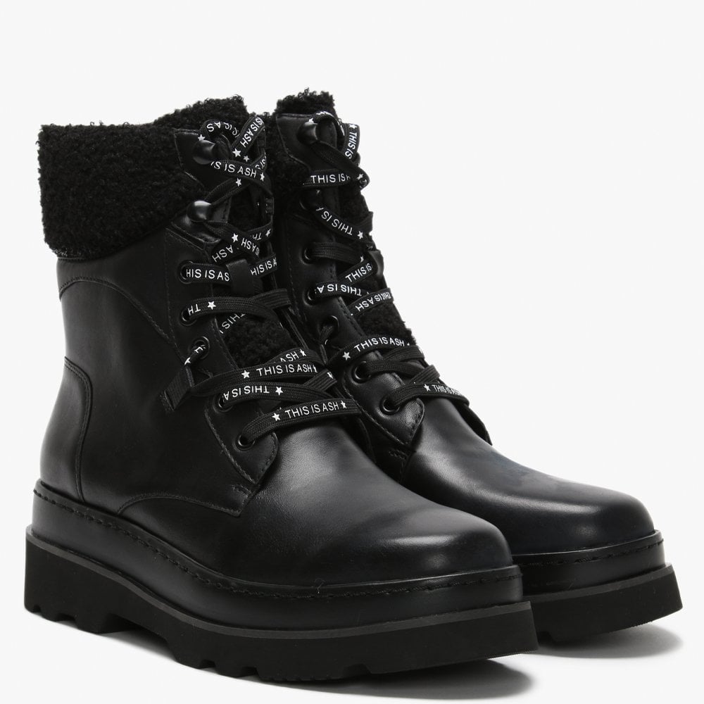 Siberia Black Leather Curly Cuff Chunky Ankle Boots