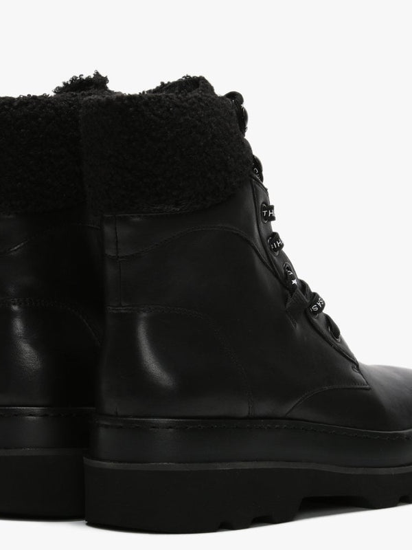 Siberia Black Leather Curly Cuff Chunky Ankle Boots